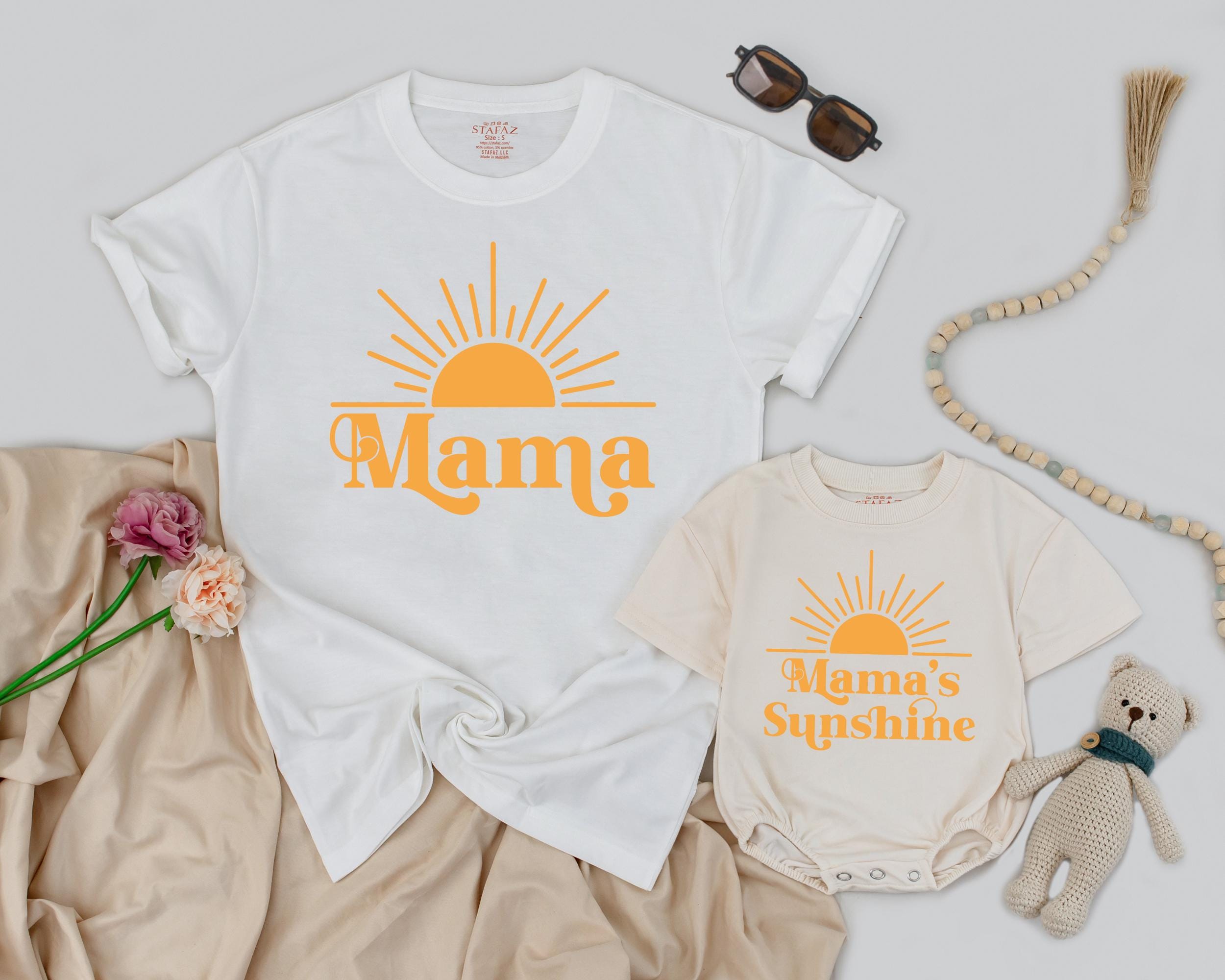 Retro Mama and Mama’s Sunshine Matching Shirts Boho Mom and Baby Outfit Mustard Yellow Sunburst Design First Birthday Gift