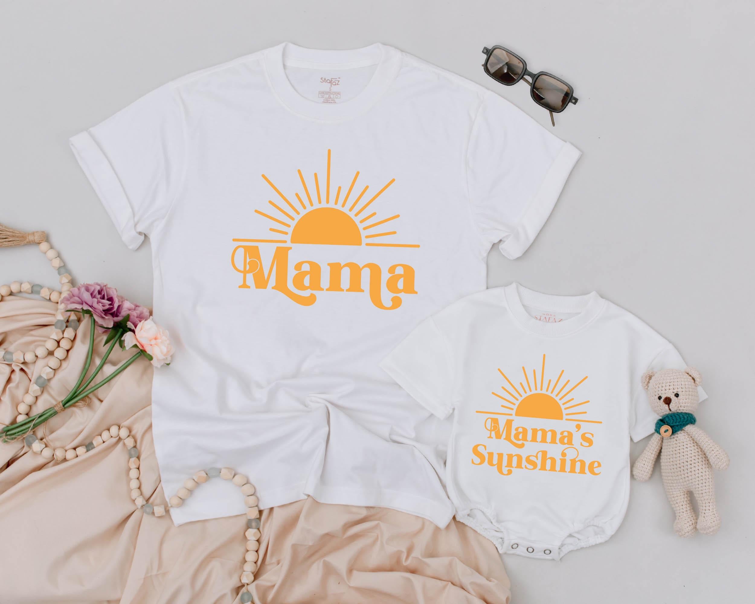 Retro Mama and Mama’s Sunshine Matching Shirts Boho Mom and Baby Outfit Mustard Yellow Sunburst Design First Birthday Gift