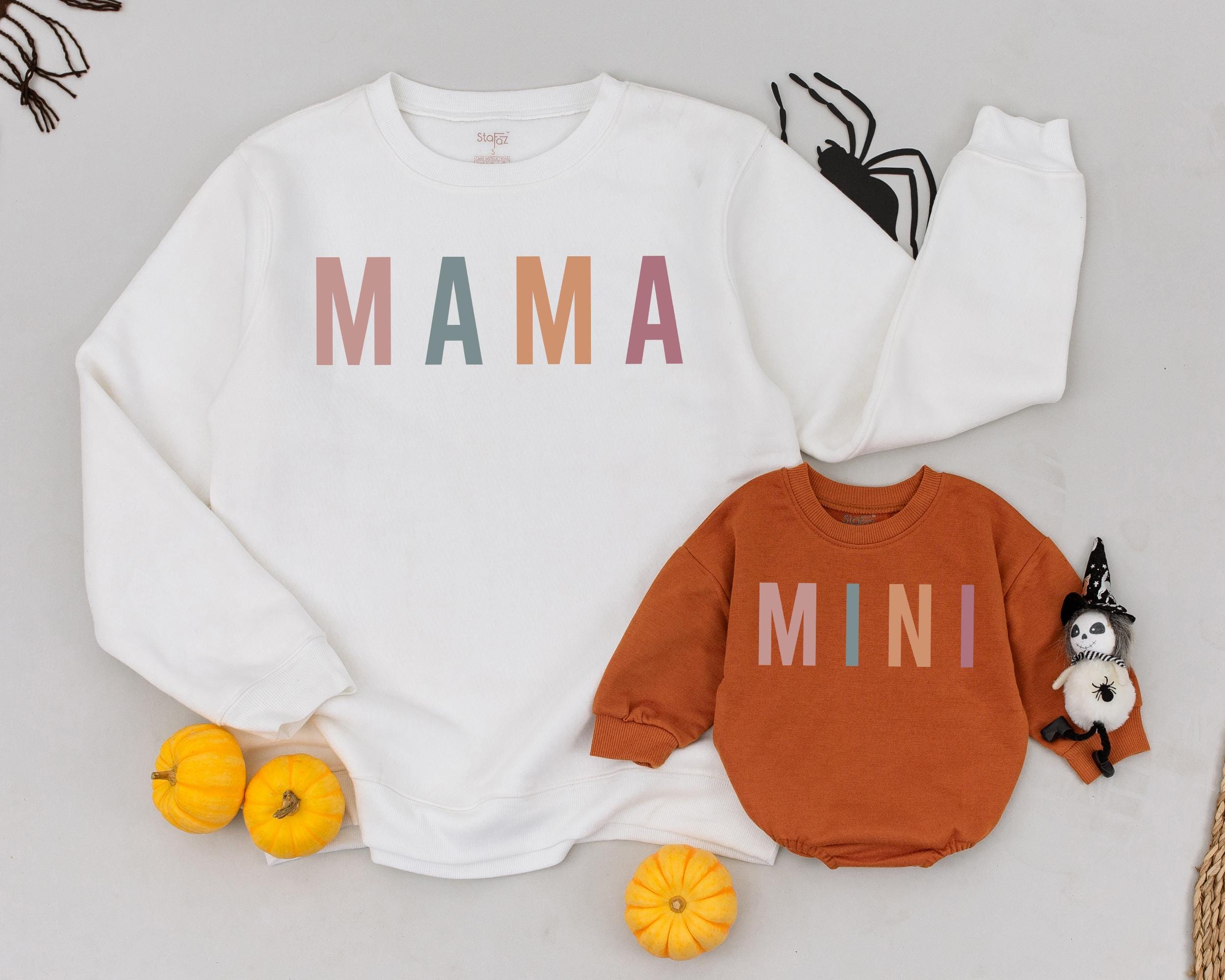Retro Mama and Mini Matching Fall Sweatshirts Colorful Letters Cozy Cotton Mother Daughter Outfit Halloween Family Gift
