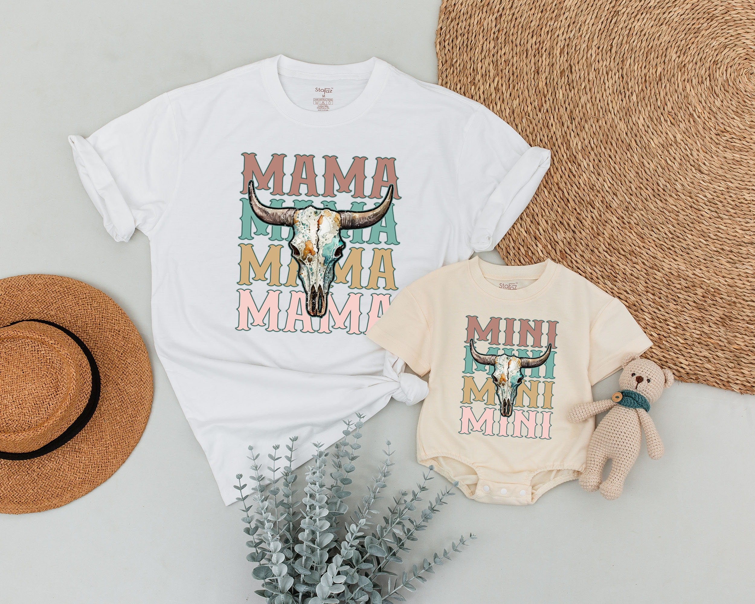 Retro Mama and Mini Matching Shirts with Longhorn Skull Western Graphic Soft Cotton Family Outfit for Baby Toddler Mom Birthday Gift