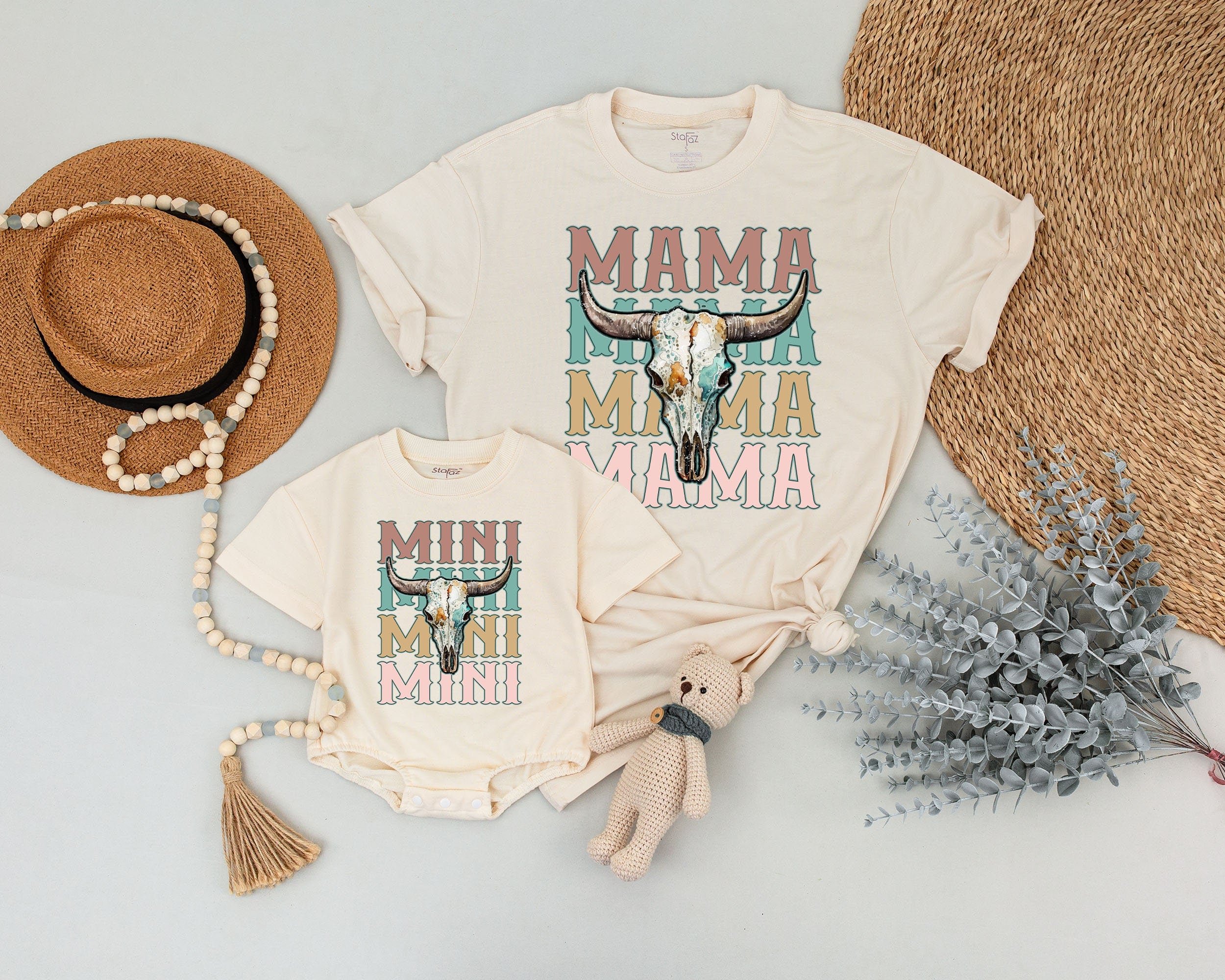 Retro Mama and Mini Matching Shirts with Longhorn Skull Western Graphic Soft Cotton Family Outfit for Baby Toddler Mom Birthday Gift