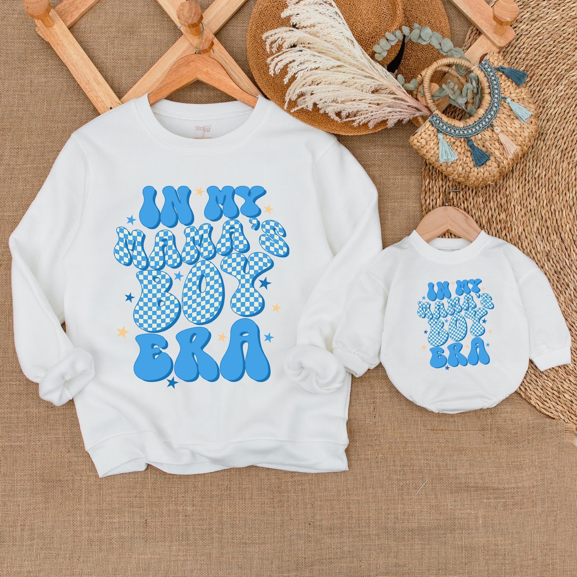 Retro Mama's Boy Era Matching Outfit for Baby and Mom 70s Style Romper and Sweatshirt Set with Blue Checkered Stars Nostalgic Design