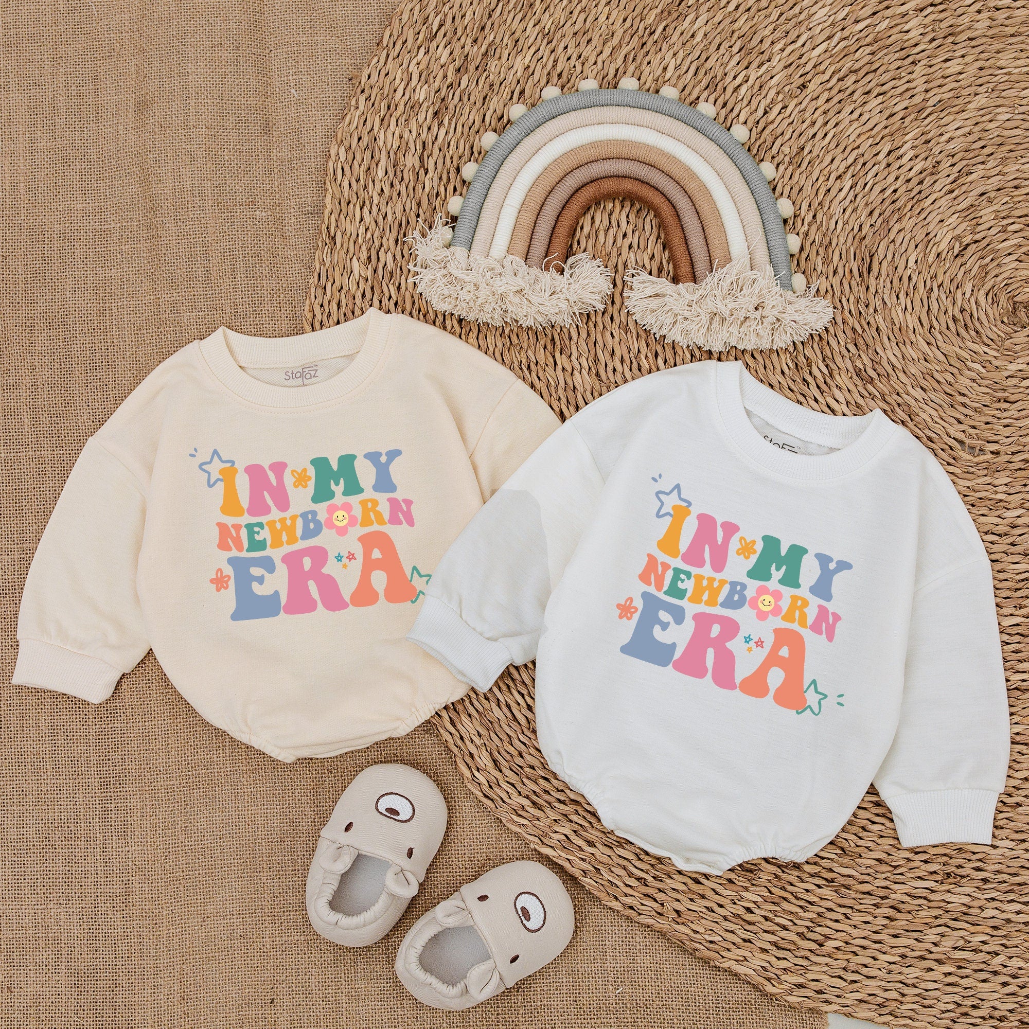 Retro Newborn Era Baby Romper Colorful Text Cotton Infant Outfit Light Mauve with Floral Star Motifs Comfortable Birthday Gift