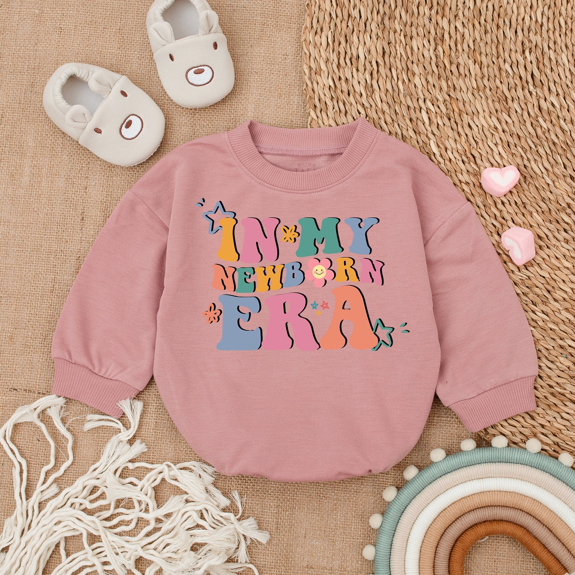 Retro Newborn Era Baby Romper Colorful Text Cotton Infant Outfit Light Mauve with Floral Star Motifs Comfortable Birthday Gift