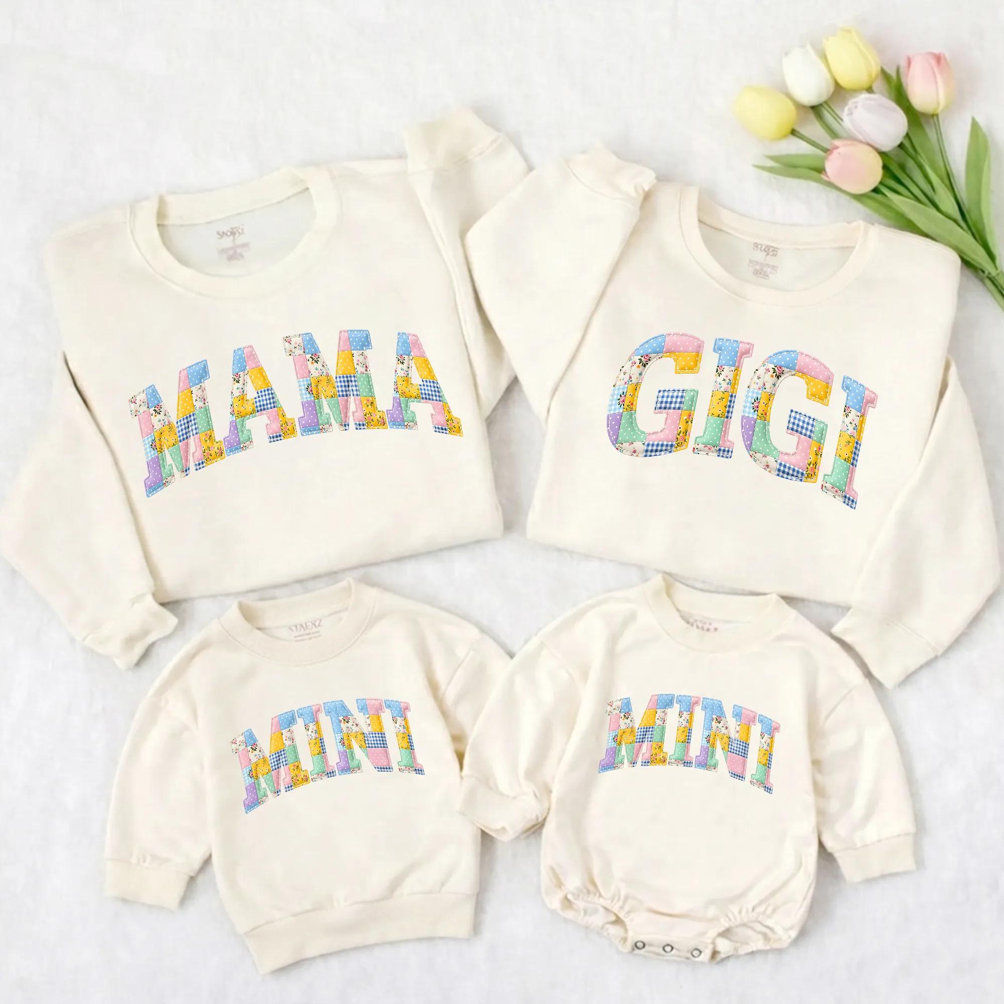 Retro Pastel Patchwork Mama Gigi Mini Sweatshirts with Personalized Names, Family Matching Crewneck Shirts