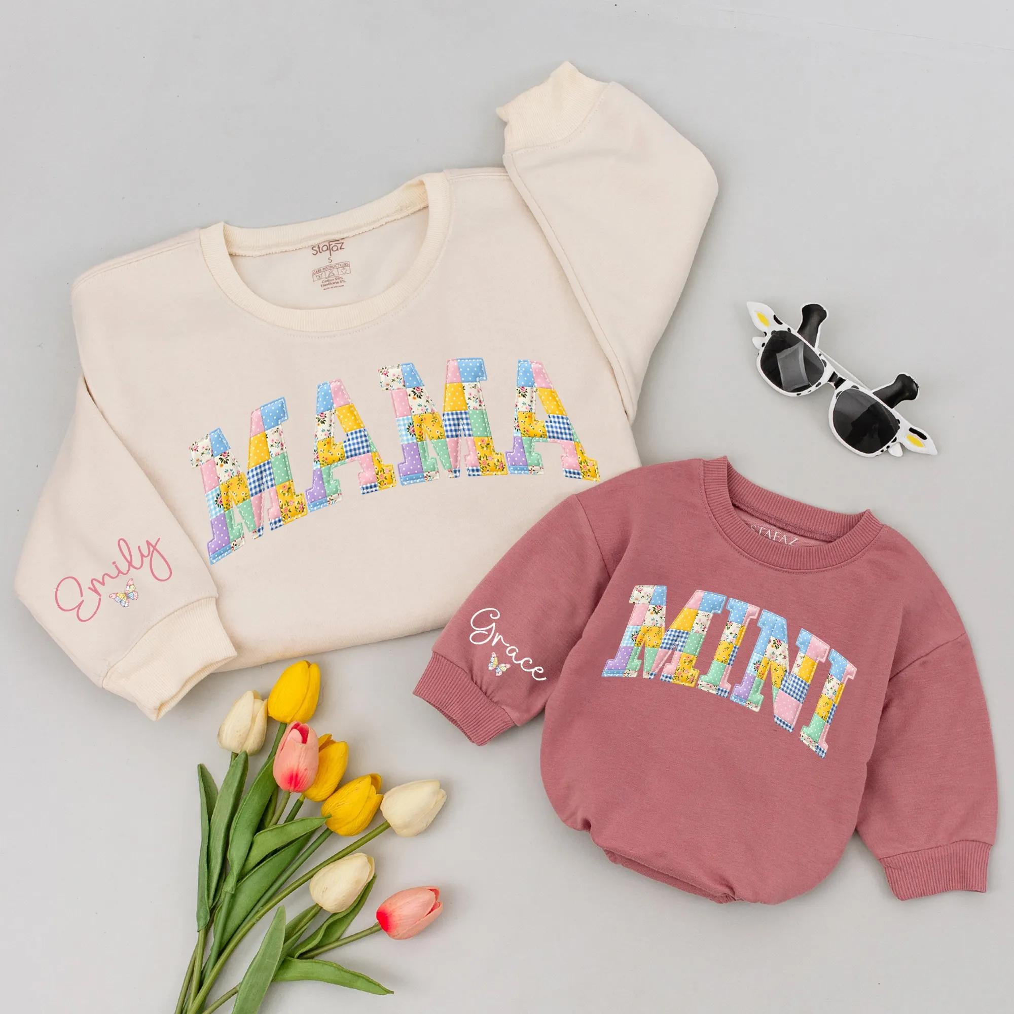 Retro Pastel Patchwork Mama Gigi Mini Sweatshirts with Personalized Names, Family Matching Crewneck Shirts