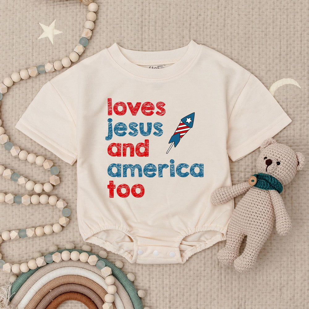 Retro Patriotic Baby Romper Loves Jesus and America Too Infant Outfit Fourth of July Christian Bodysuit Soft Cotton Vintage Design