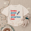 Retro Patriotic Baby Romper Loves Jesus and America Too Infant Outfit Fourth of July Christian Bodysuit Soft Cotton Vintage Design