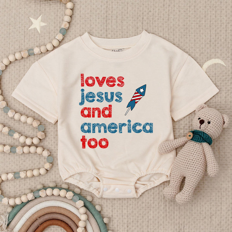 Retro Patriotic Baby Romper Loves Jesus and America Too Infant Outfit Fourth of July Christian Bodysuit Soft Cotton Vintage Design