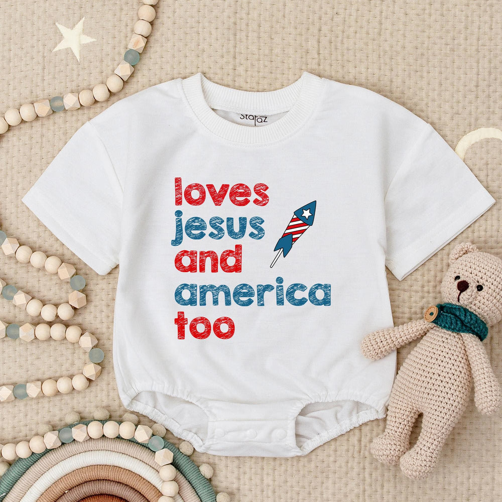 Retro Patriotic Baby Romper Loves Jesus and America Too Infant Outfit Fourth of July Christian Bodysuit Soft Cotton Vintage Design