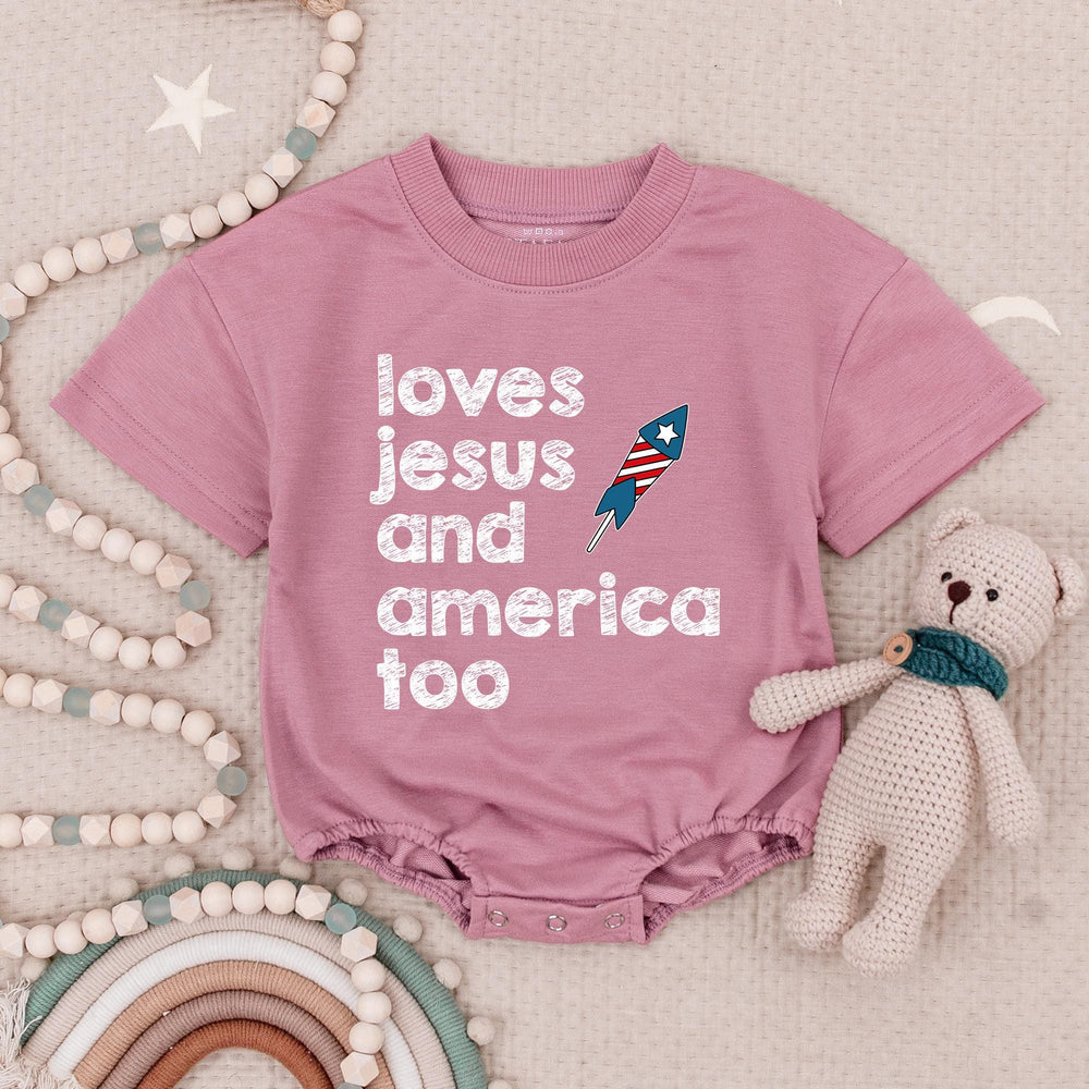 Retro Patriotic Baby Romper Loves Jesus and America Too Infant Outfit Fourth of July Christian Bodysuit Soft Cotton Vintage Design