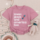 Retro Patriotic Baby Romper Loves Jesus and America Too Infant Outfit Fourth of July Christian Bodysuit Soft Cotton Vintage Design
