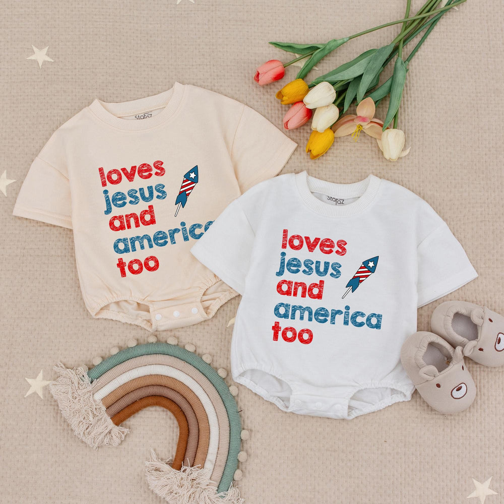 Retro Patriotic Baby Romper Loves Jesus and America Too Infant Outfit Fourth of July Christian Bodysuit Soft Cotton Vintage Design