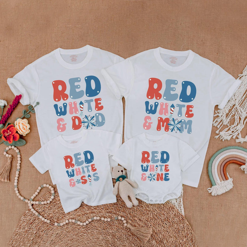 Retro Patriotic Matching Family Shirts Red White and One Birthday Outfits Firework Design Dad Mom Sis Custom Names July Celebration