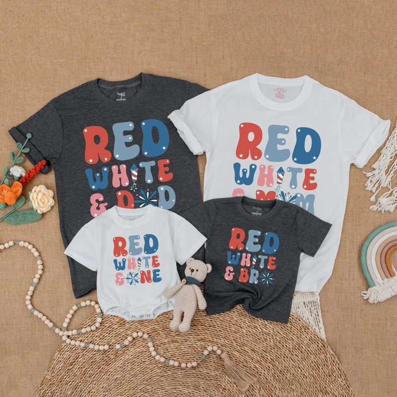 Retro Patriotic Matching Family Shirts Red White and One Birthday Outfits Firework Design Dad Mom Sis Custom Names July Celebration