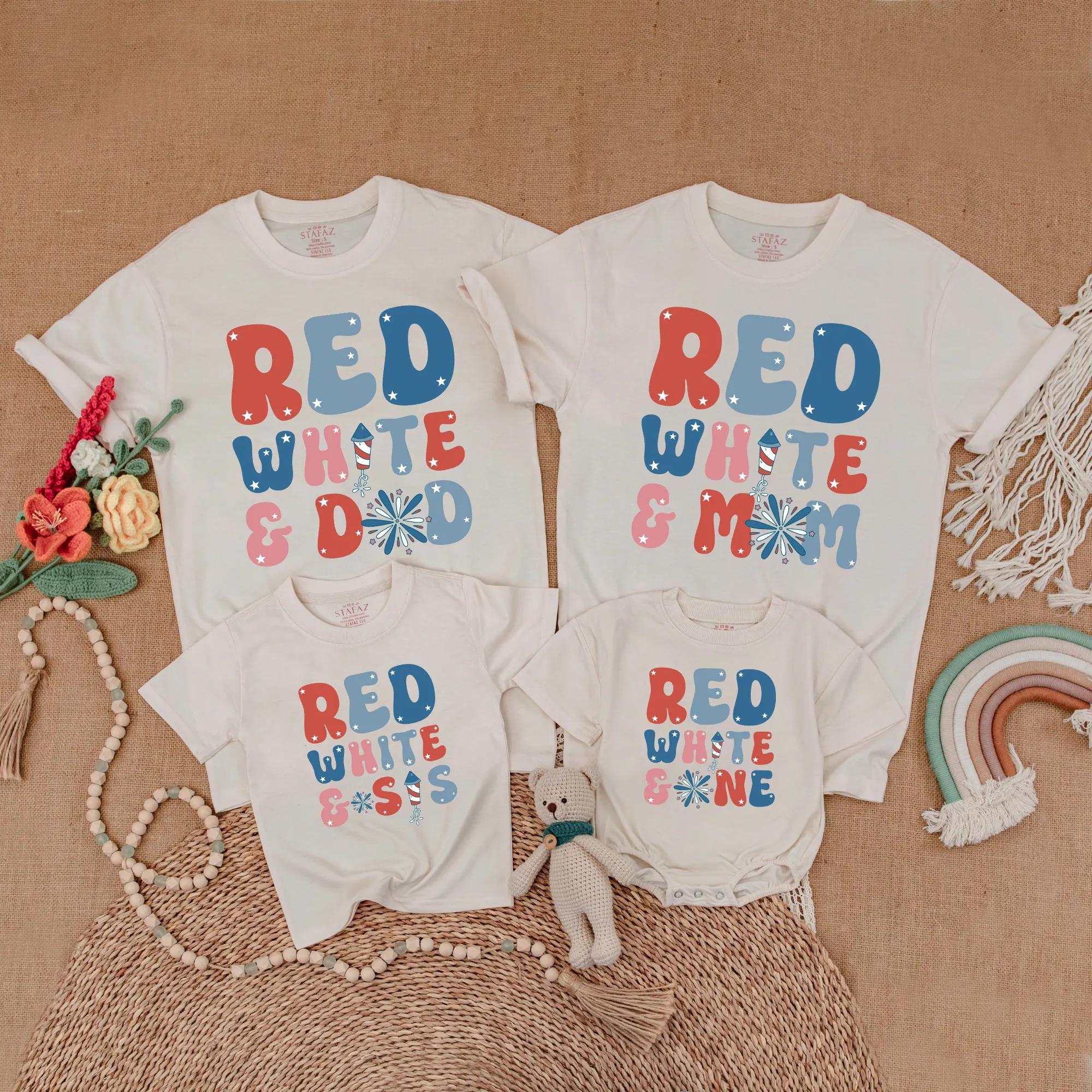 Retro Patriotic Matching Family Shirts Red White and One Birthday Outfits Firework Design Dad Mom Sis Custom Names July Celebration