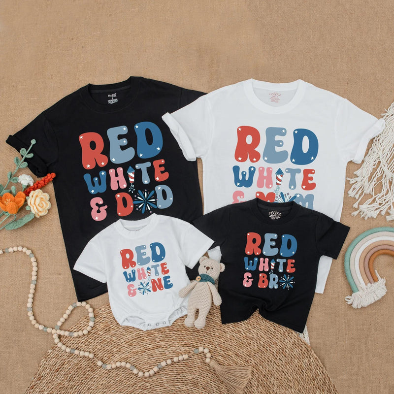 Retro Patriotic Matching Family Shirts Red White and One Birthday Outfits Firework Design Dad Mom Sis Custom Names July Celebration
