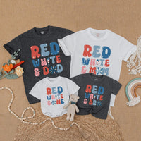 Retro Patriotic Matching Family Shirts Red White and One Birthday Outfits Firework Design Dad Mom Sis Custom Names July Celebration