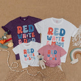 Retro Patriotic Matching Family Shirts Red White and One Birthday Outfits Firework Design Dad Mom Sis Custom Names July Celebration