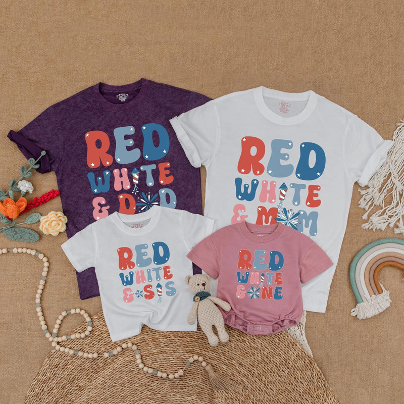 Retro Patriotic Matching Family Shirts Red White and One Birthday Outfits Firework Design Dad Mom Sis Custom Names July Celebration