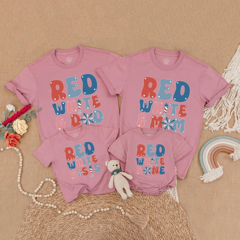 Retro Patriotic Matching Family Shirts Red White and One Birthday Outfits Firework Design Dad Mom Sis Custom Names July Celebration