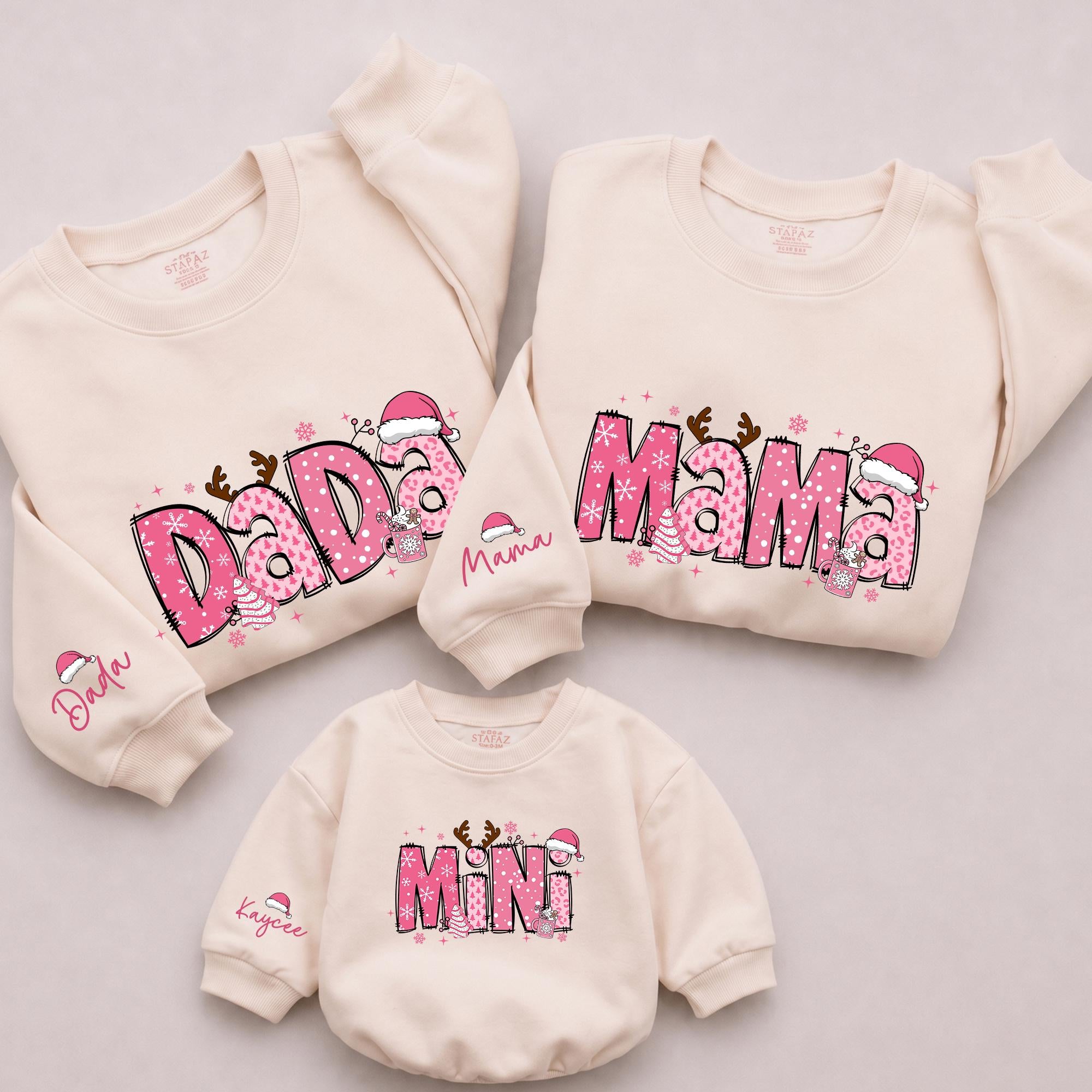 Retro Pink Christmas Sweatshirts for Family with Custom Names, Matching Mama Mini Outfits, Holiday Mommy and Me Style