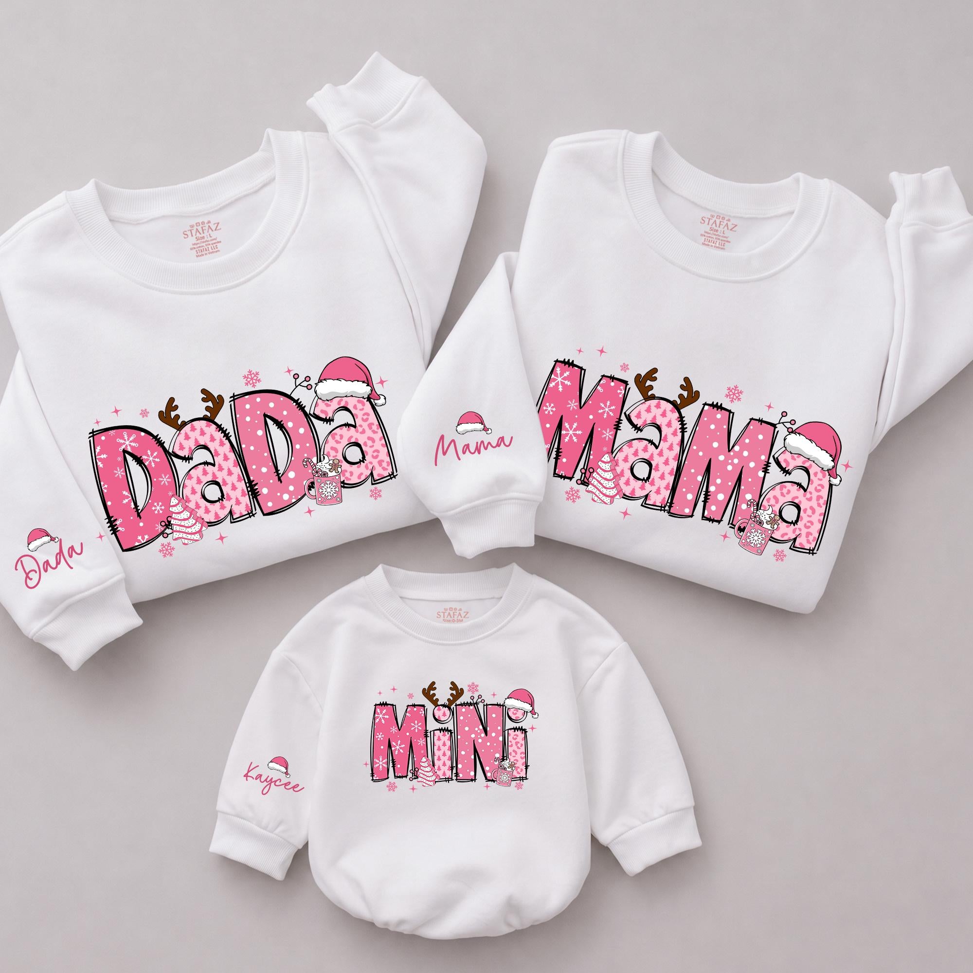 Retro Pink Christmas Sweatshirts for Family with Custom Names, Matching Mama Mini Outfits, Holiday Mommy and Me Style