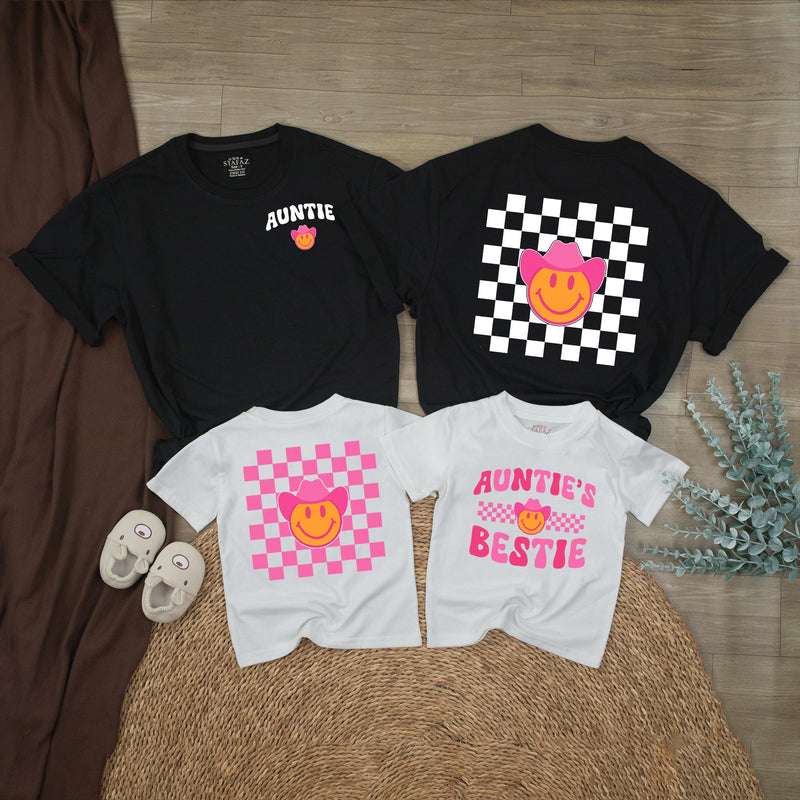 Retro Pink Smiley Face Auntie and Bestie Matching Western Shirt Gift for Baby or Toddler with Checkerboard Design Cotton Outfit