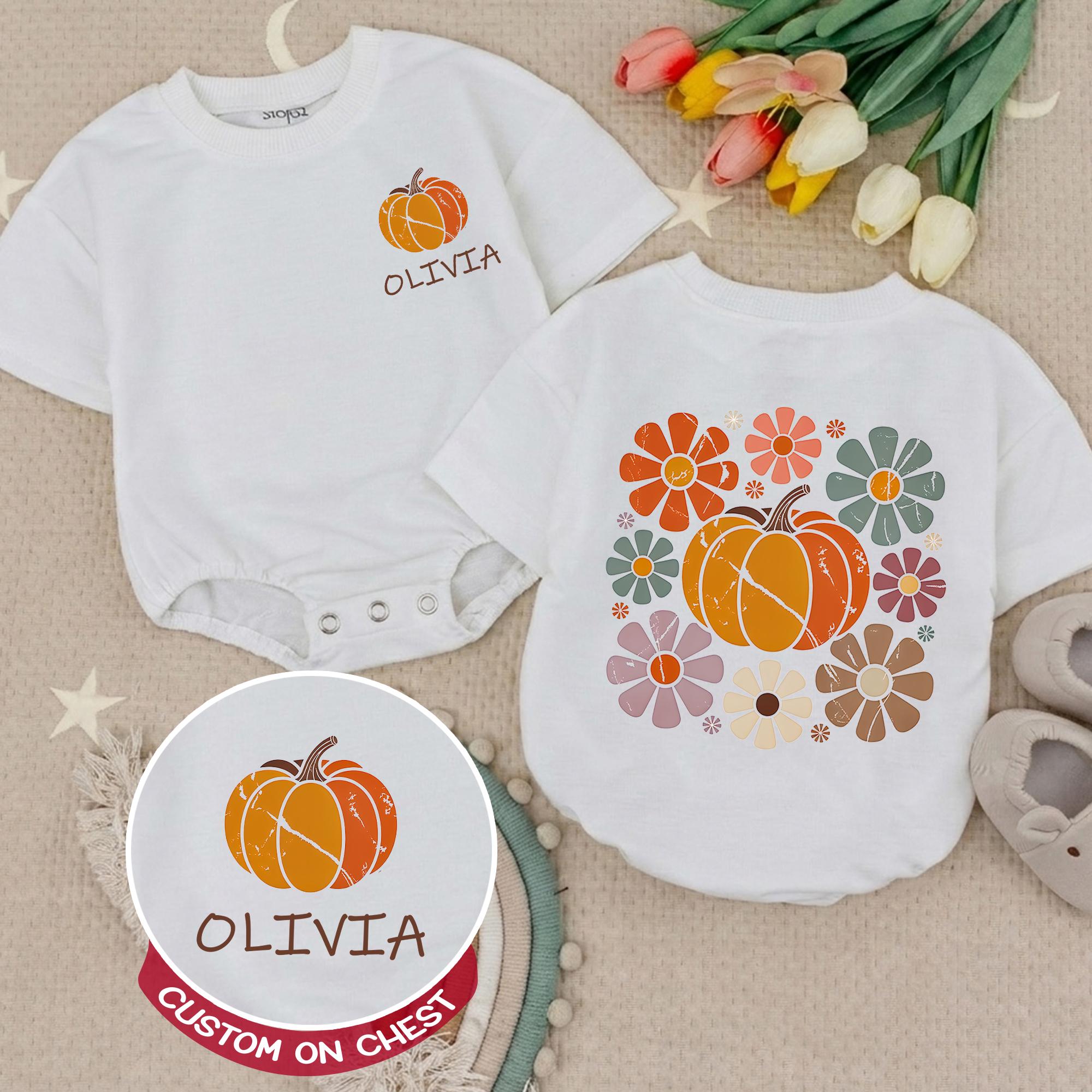 Retro Pumpkin Baby Romper with Floral Artwork and Custom Name, Vintage Fall Outfit for Pumpkin Patch or First Thanksgiving