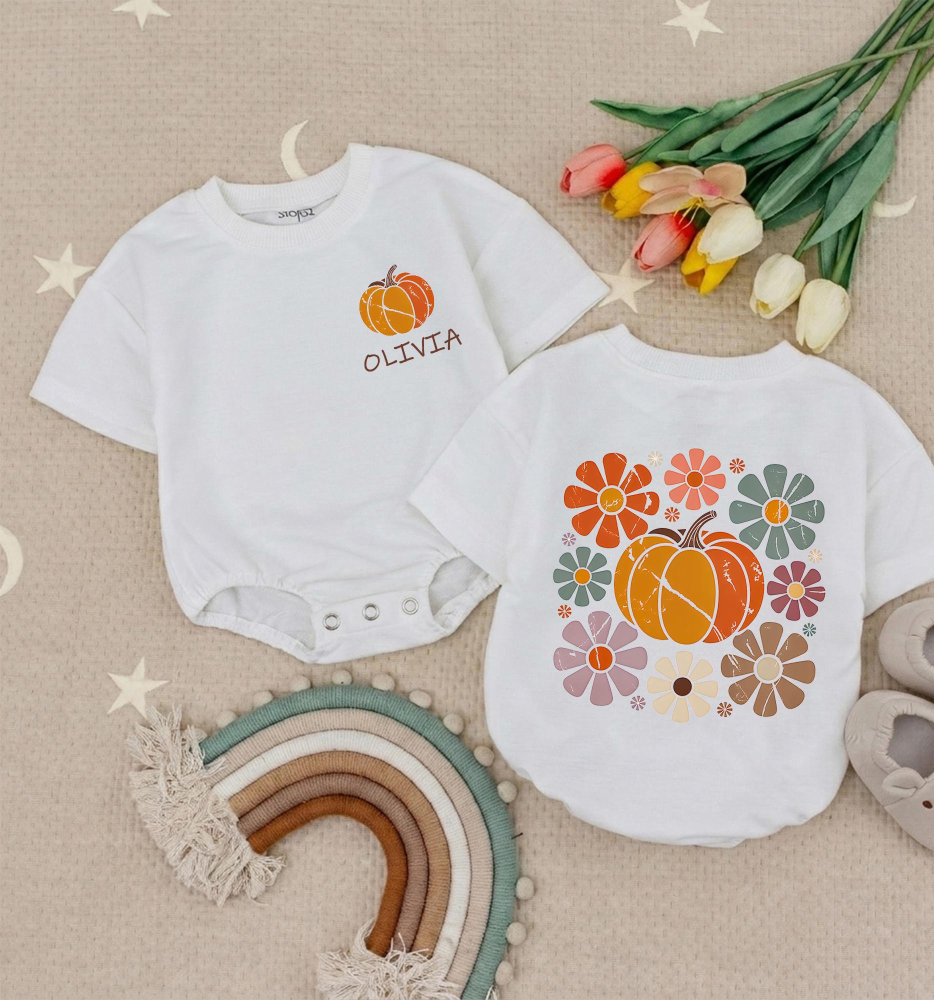 Retro Pumpkin Baby Romper with Floral Artwork and Custom Name, Vintage Fall Outfit for Pumpkin Patch or First Thanksgiving