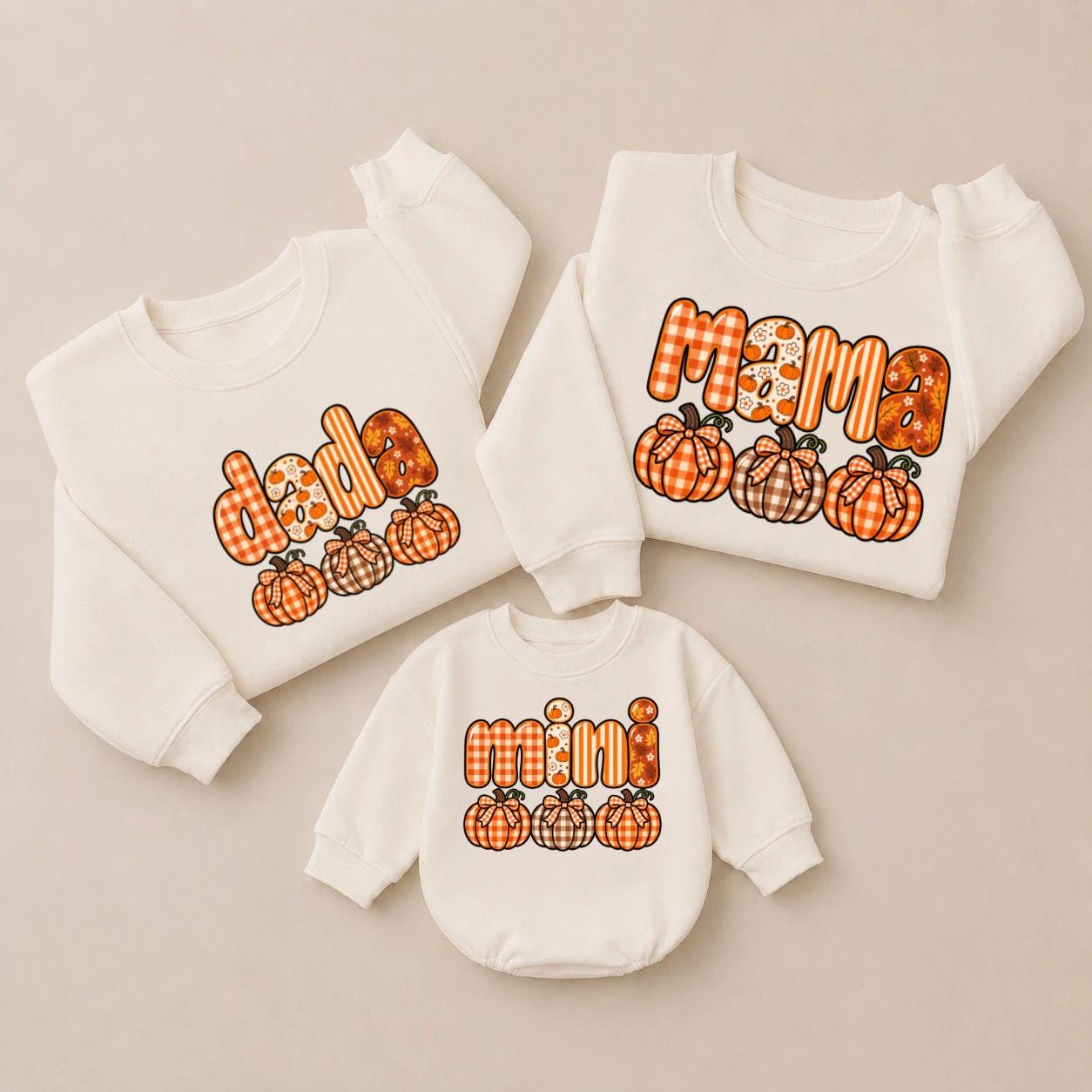 Retro Pumpkin Gingham Matching Family Shirts, Dada Mama Mini Fall Sweatshirts, Thanksgiving Outfits for Baby, Toddler & Parents