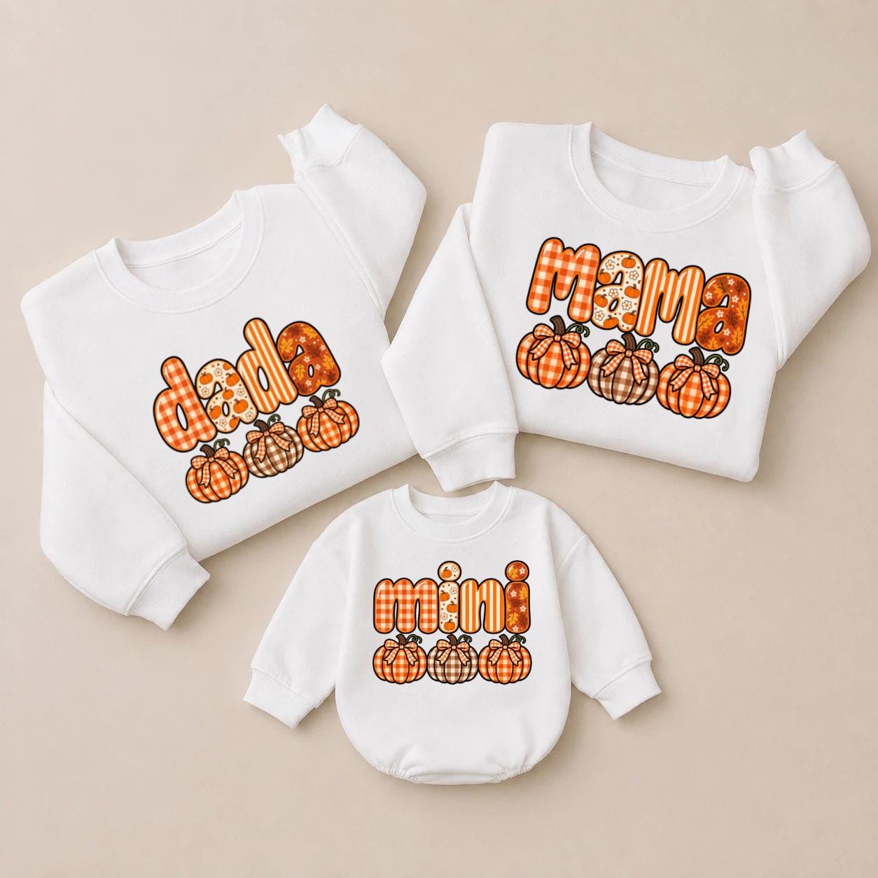 Retro Pumpkin Gingham Matching Family Shirts, Dada Mama Mini Fall Sweatshirts, Thanksgiving Outfits for Baby, Toddler & Parents