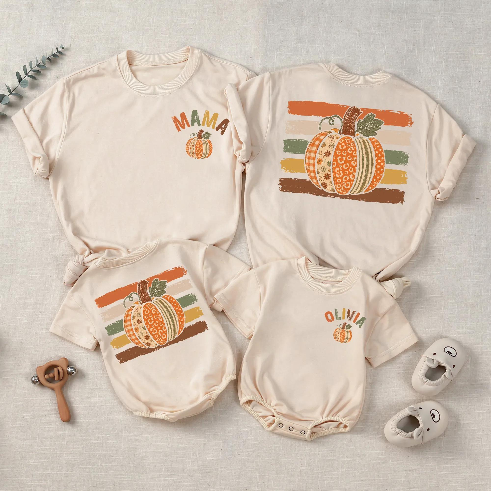 Retro Pumpkin Patch Matching Family Shirts and Baby Rompers with Custom Name, Fall Harvest Outfit for Moms and Babies