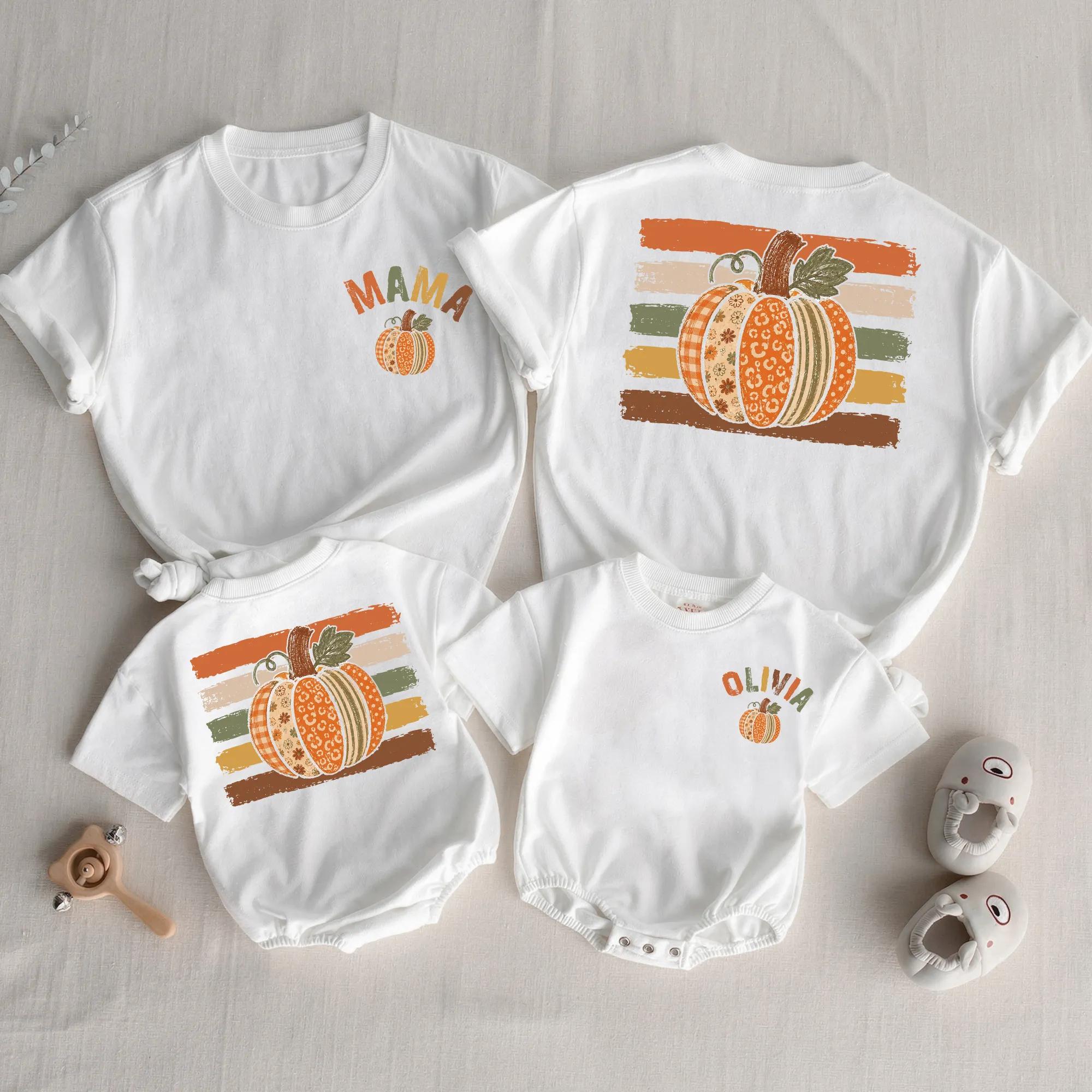 Retro Pumpkin Patch Matching Family Shirts and Baby Rompers with Custom Name, Fall Harvest Outfit for Moms and Babies