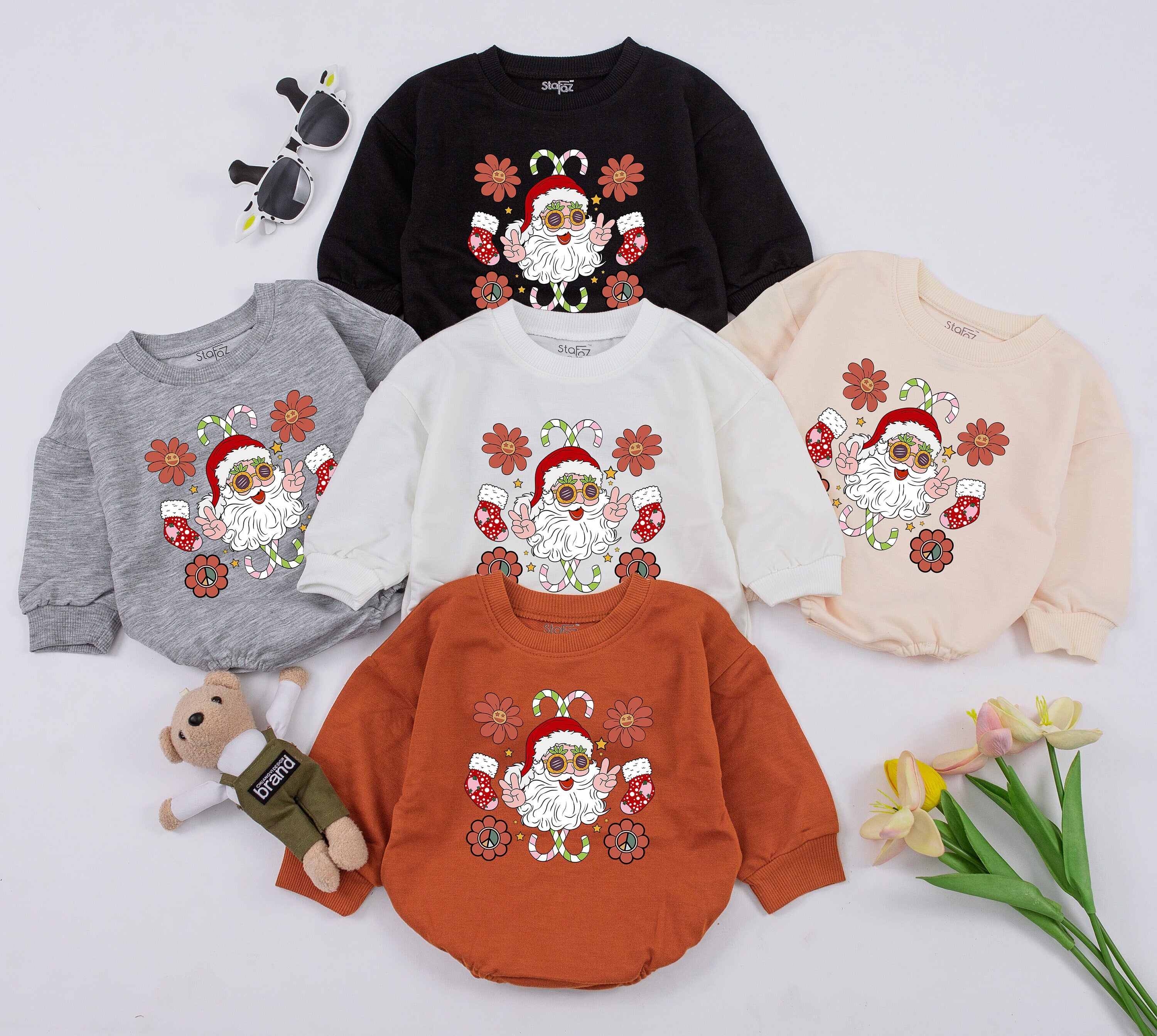 Retro Santa Baby Romper for 1st Christmas Infant Holiday Outfit Playful Vintage Design with Sunglasses Candy Canes Polka-Dots Stockings