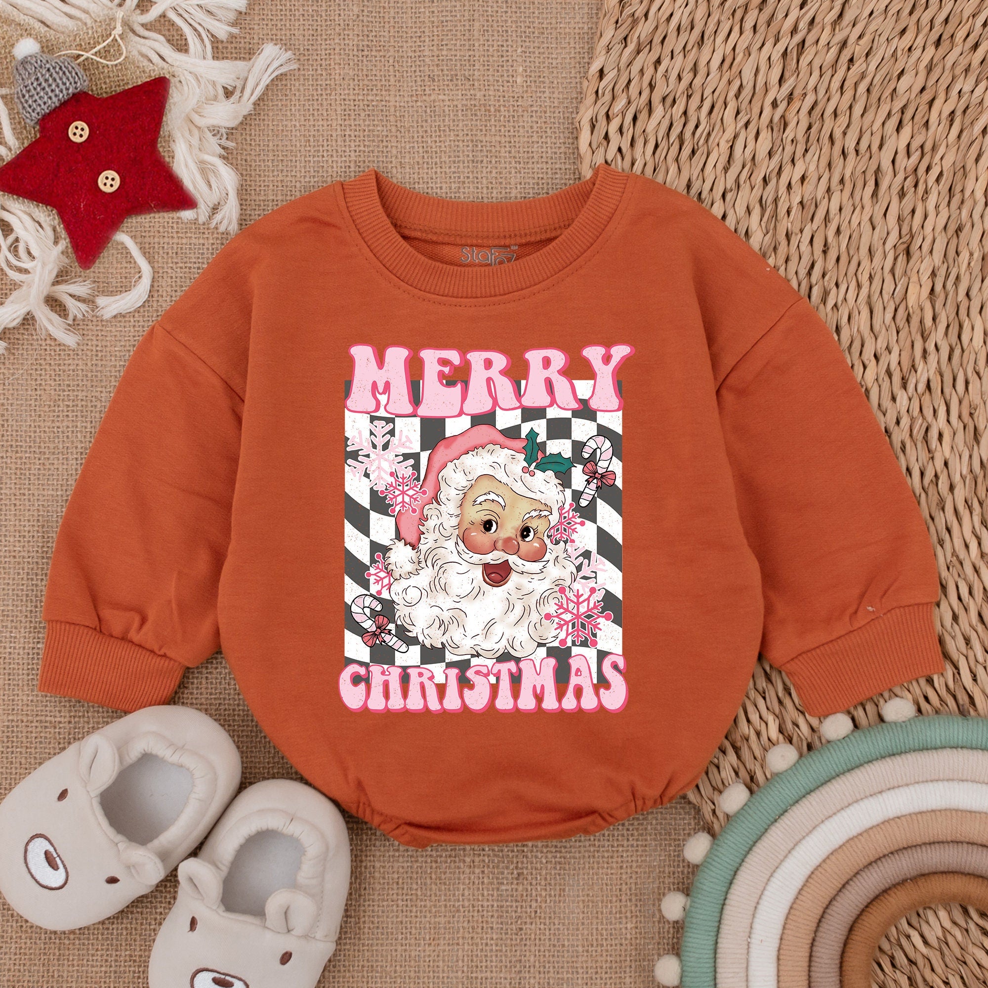 Retro Santa Baby Romper Merry Christmas Bodysuit Infant Holiday Outfit First Christmas Long Sleeve Soft Cotton Checkered Design