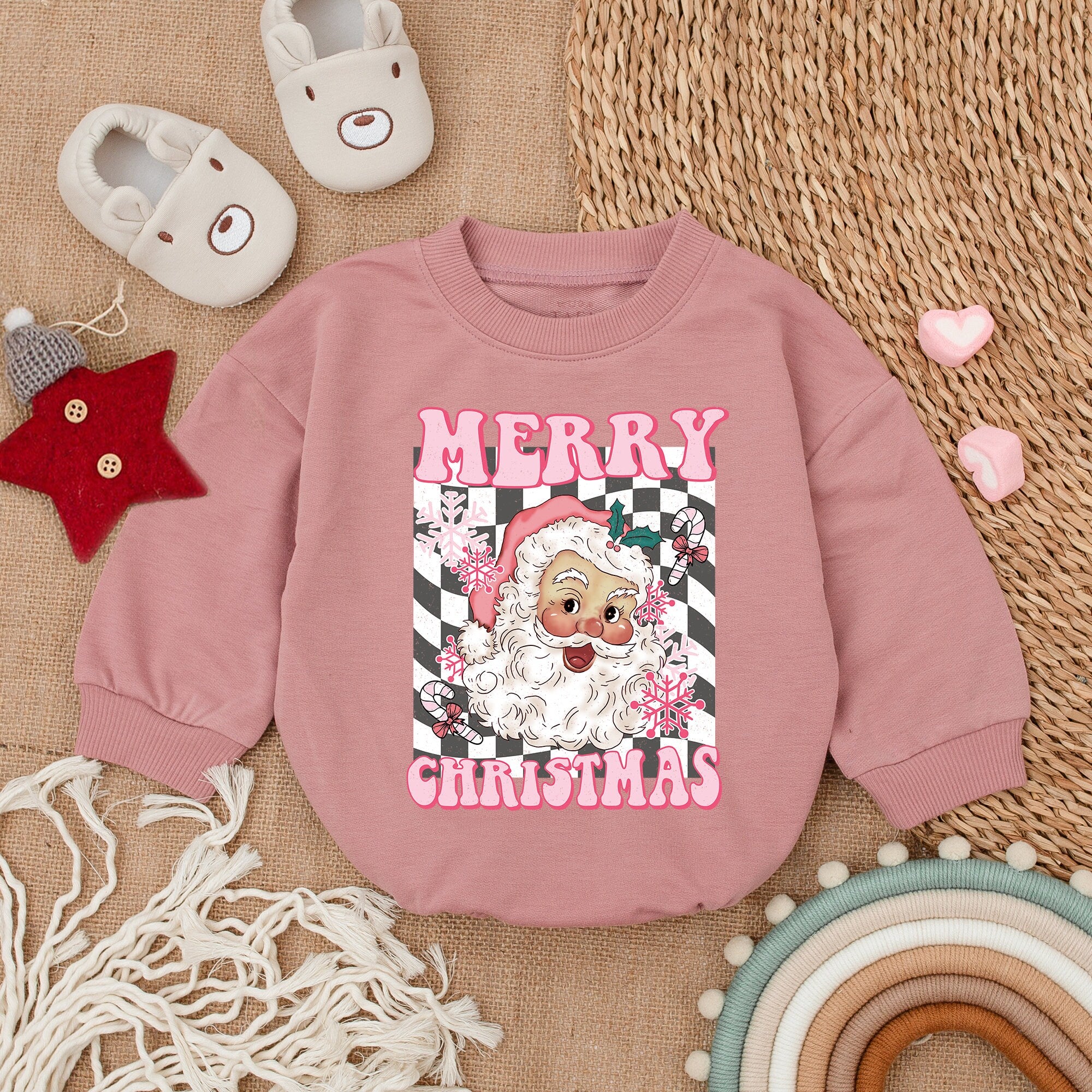 Retro Santa Baby Romper Merry Christmas Bodysuit Infant Holiday Outfit First Christmas Long Sleeve Soft Cotton Checkered Design