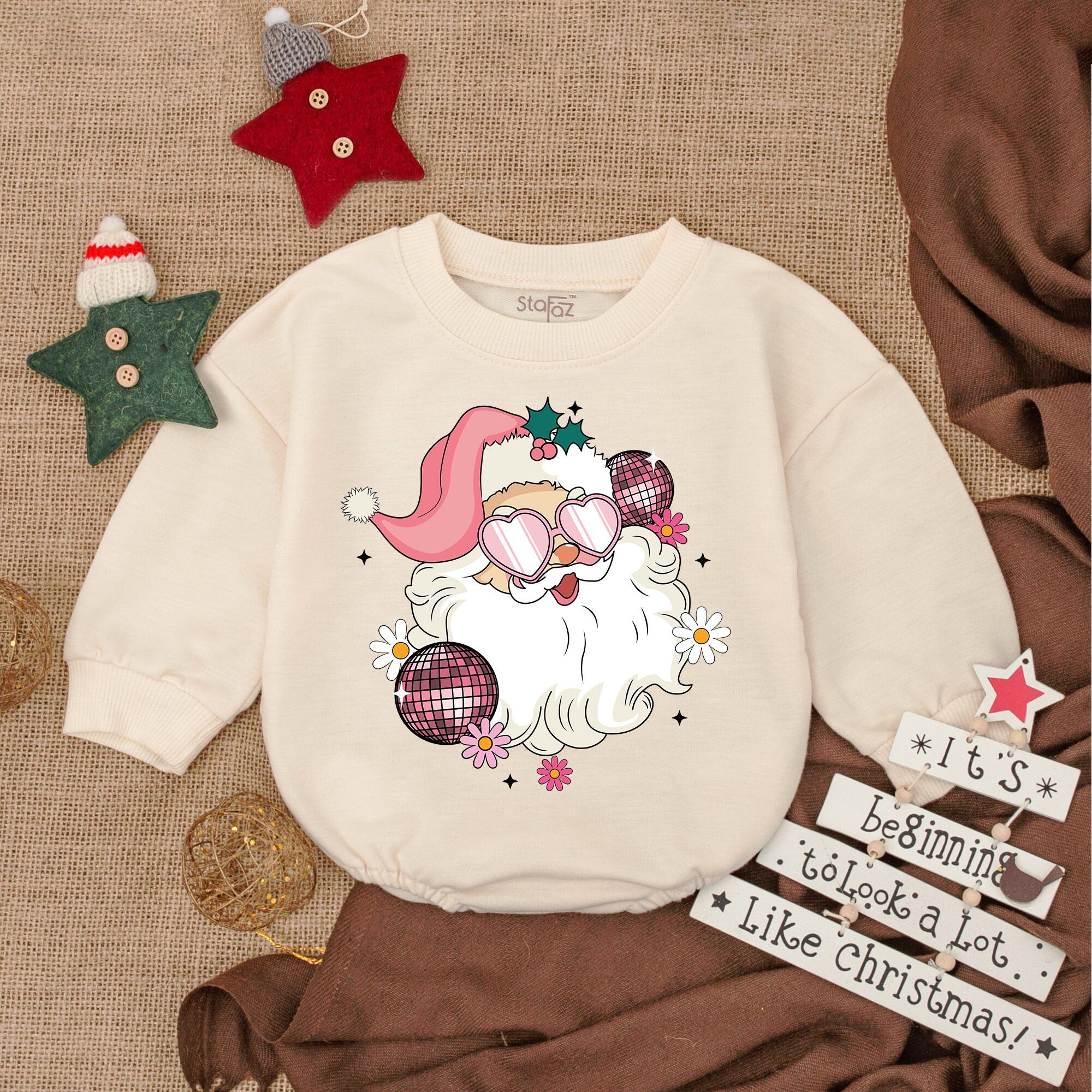 Retro Santa Baby Romper My First Christmas Outfit Soft Pink Plaid Baubles Long Sleeve Infant Bodysuit Gift Holiday Party