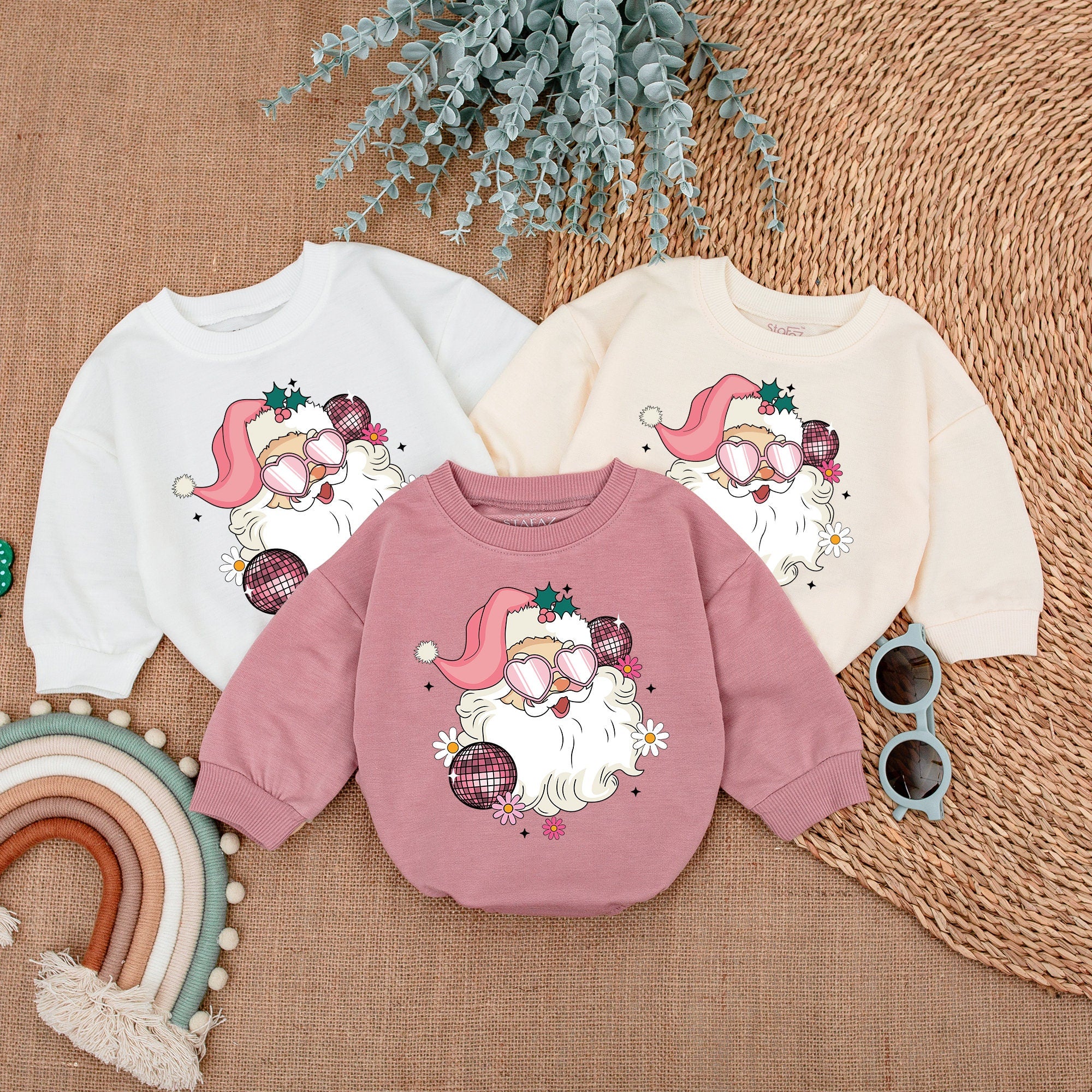 Retro Santa Baby Romper My First Christmas Outfit Soft Pink Plaid Baubles Long Sleeve Infant Bodysuit Gift Holiday Party