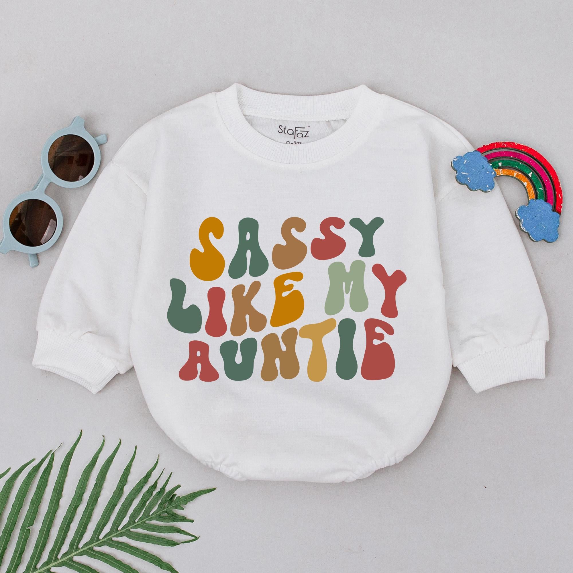 Retro Sassy Like My Auntie Romper Baby Gift Newborn Infant Toddler Vintage Style Colorful Design Mustard Olive Burnt Orange