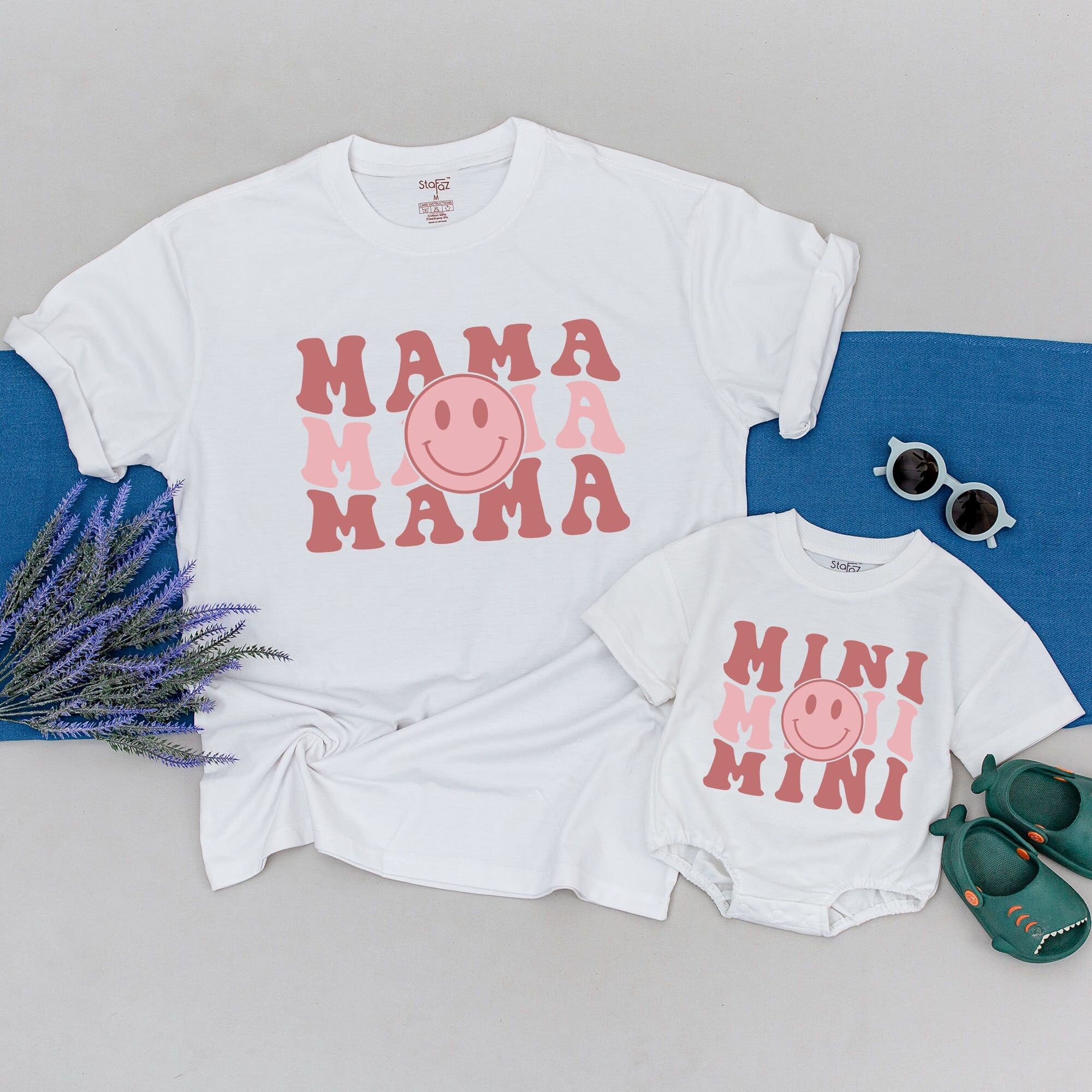 Retro Smiley Face Mama and Mini Matching Shirts Soft Cotton Vintage Design Personalized Family Outfit Gift Mother Daughter