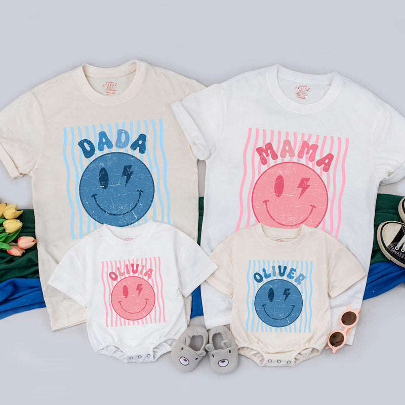 Retro Smiley Matching Family Shirts & Baby Romper, Custom Name Birthday Outfit, Soft Cotton for Photos, Gifts, Family Reunions & Holidays