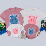 Retro Smiley Matching Family Shirts & Baby Romper, Custom Name Birthday Outfit, Soft Cotton for Photos, Gifts, Family Reunions & Holidays