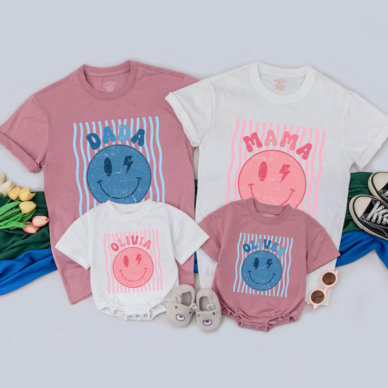 Retro Smiley Matching Family Shirts & Baby Romper, Custom Name Birthday Outfit, Soft Cotton for Photos, Gifts, Family Reunions & Holidays