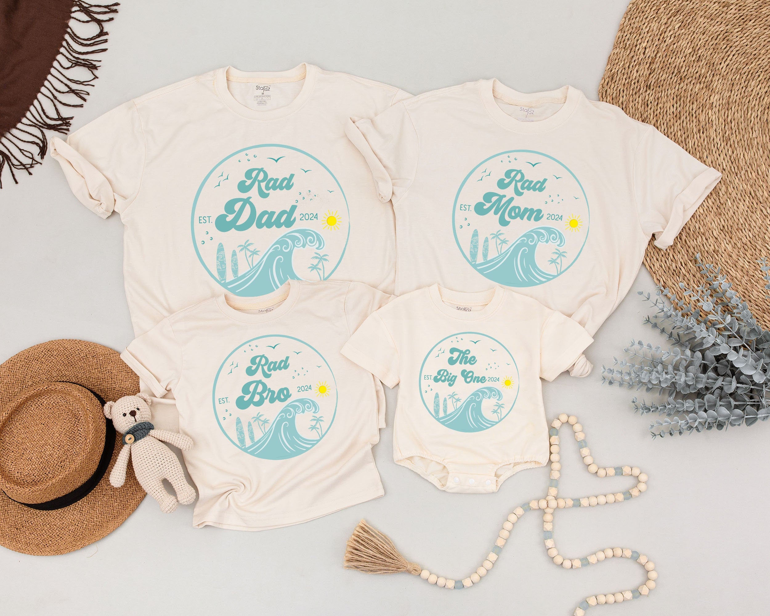Retro Surf Family Birthday Shirts with Custom Text Soft Cotton Outfit Rad Dad, Rad Mom, Baby Matching Tee Vintage Coastal Design
