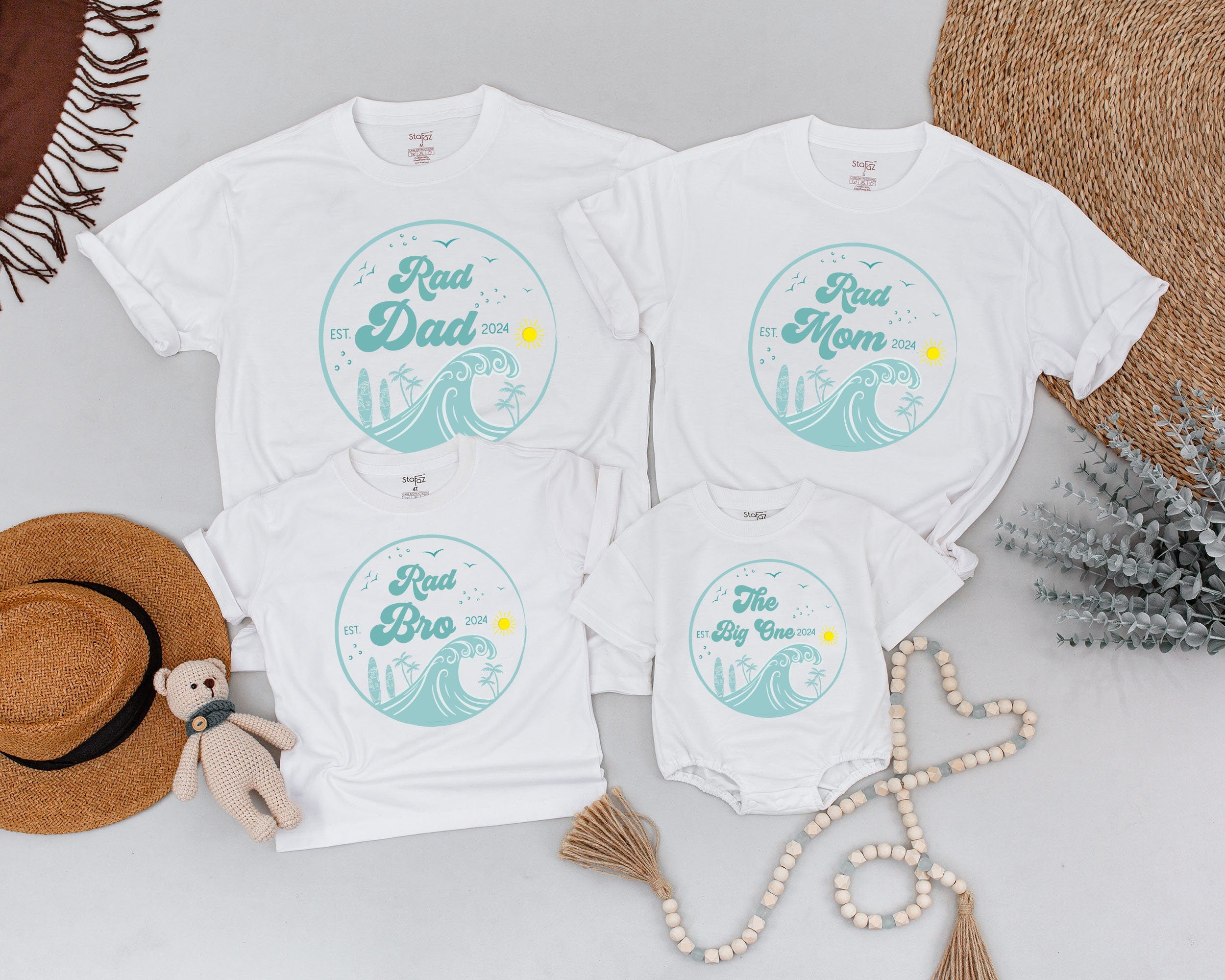 Retro Surf Family Birthday Shirts with Custom Text Soft Cotton Outfit Rad Dad, Rad Mom, Baby Matching Tee Vintage Coastal Design