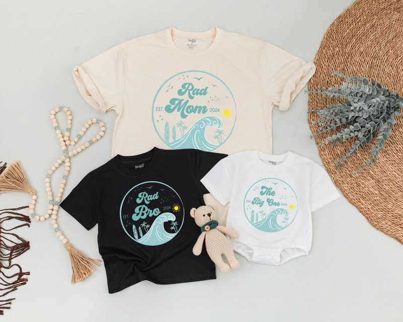 Retro Surf Family Birthday Shirts with Custom Text Soft Cotton Outfit Rad Dad, Rad Mom, Baby Matching Tee Vintage Coastal Design