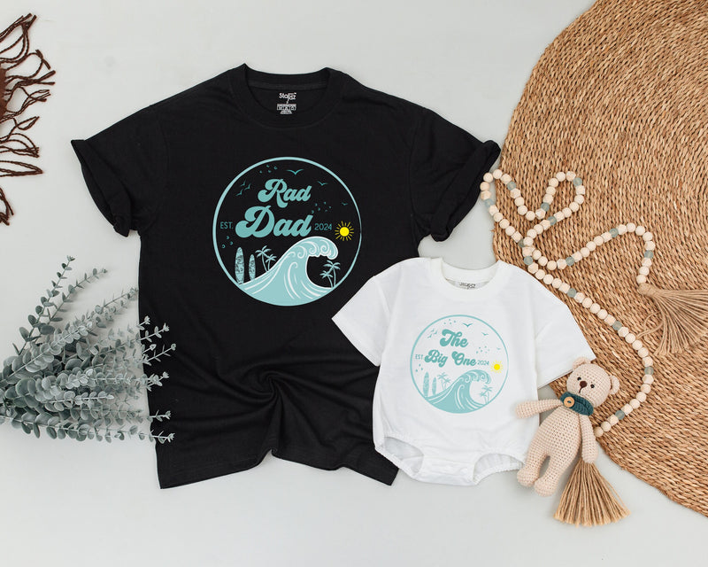 Retro Surf Family Birthday Shirts with Custom Text Soft Cotton Outfit Rad Dad, Rad Mom, Baby Matching Tee Vintage Coastal Design