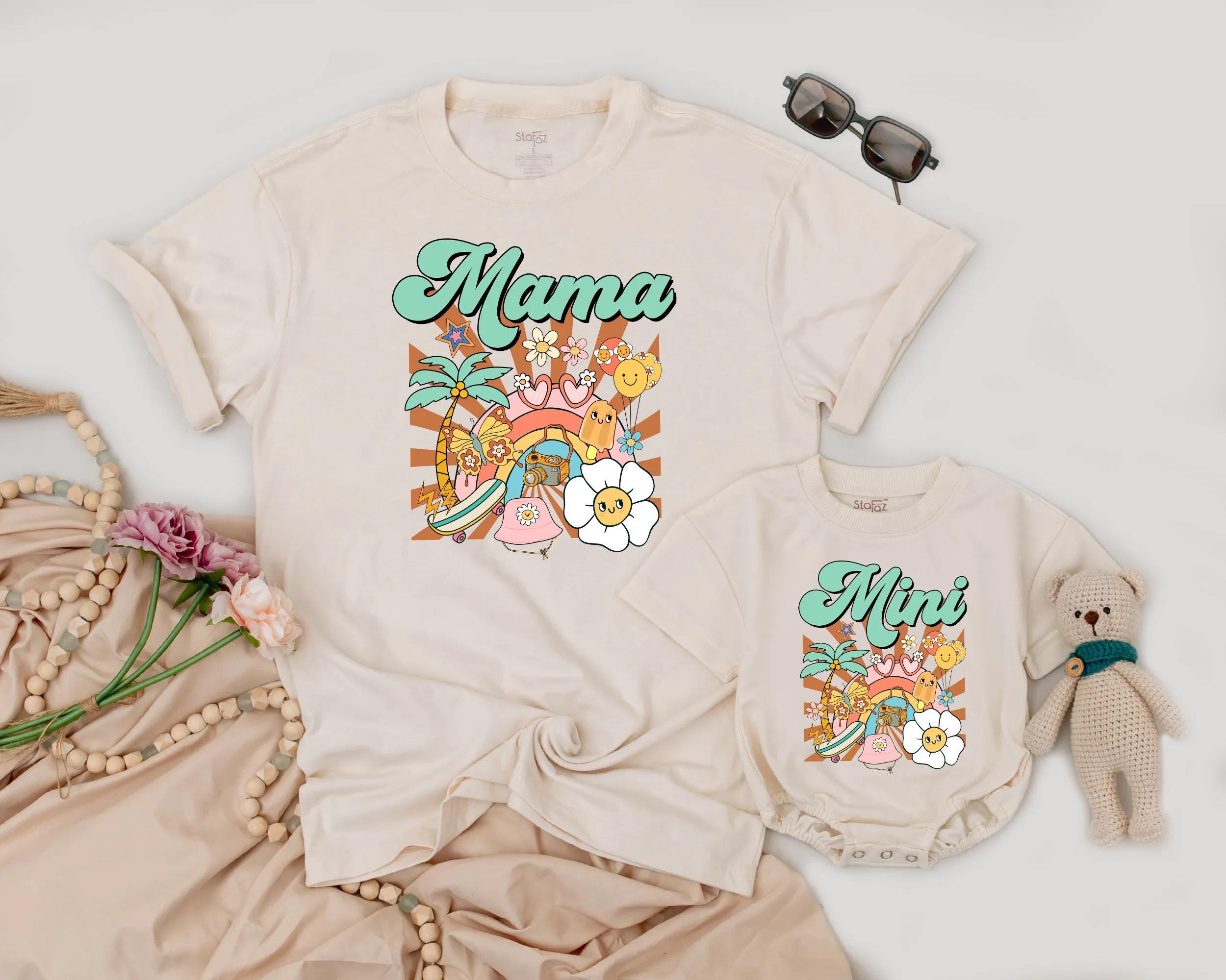 Retro Tropical Mama and Mini Matching Shirts Groovy Vintage Beach Outfit Mother's Day Gift Summer Vibes Family Cotton Tee