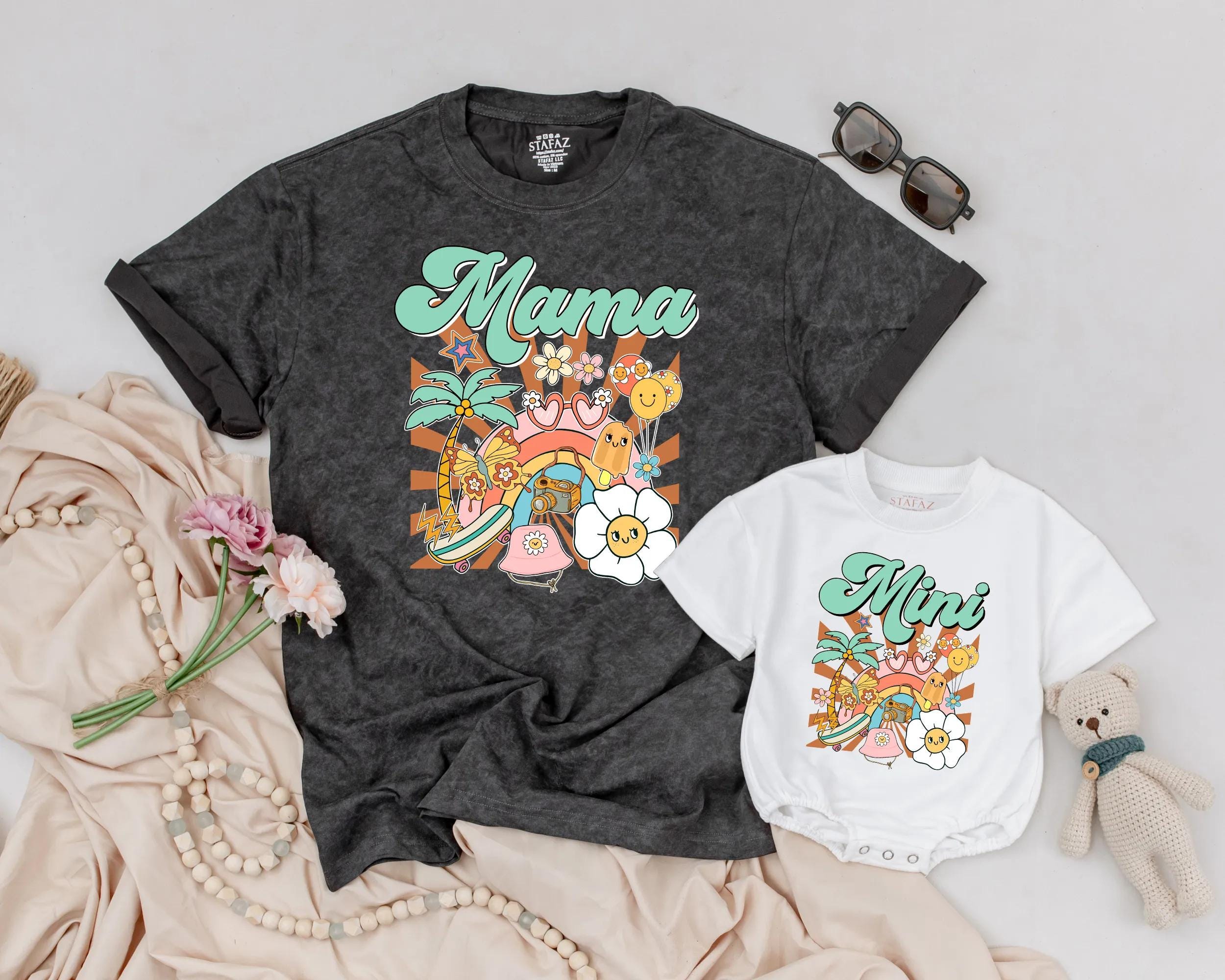Retro Tropical Mama and Mini Matching Shirts Groovy Vintage Beach Outfit Mother's Day Gift Summer Vibes Family Cotton Tee